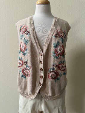 Vintage Jantzen Hand Embroidered Floral Beaded Sweater Vest Sz L